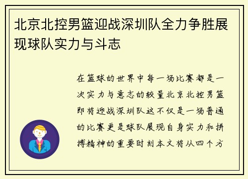 北京北控男篮迎战深圳队全力争胜展现球队实力与斗志
